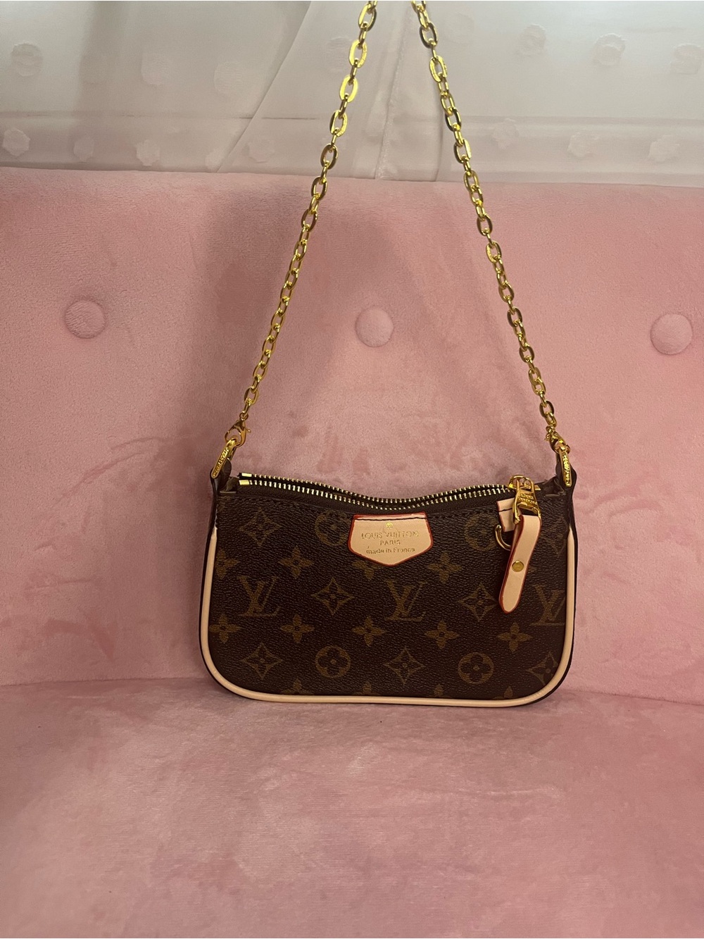 Louis Vuitton Monogram Canvas Mini Shoulder Bag with Pink Trim and Gold Chain